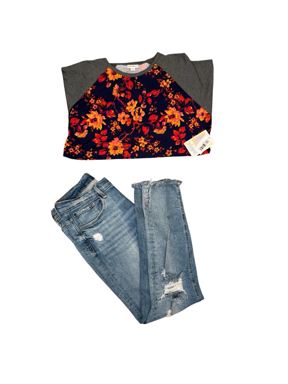 Women's 2-Piece Outfit Set: NWT Floral Top & Distressed Jeans (Size L / 12)